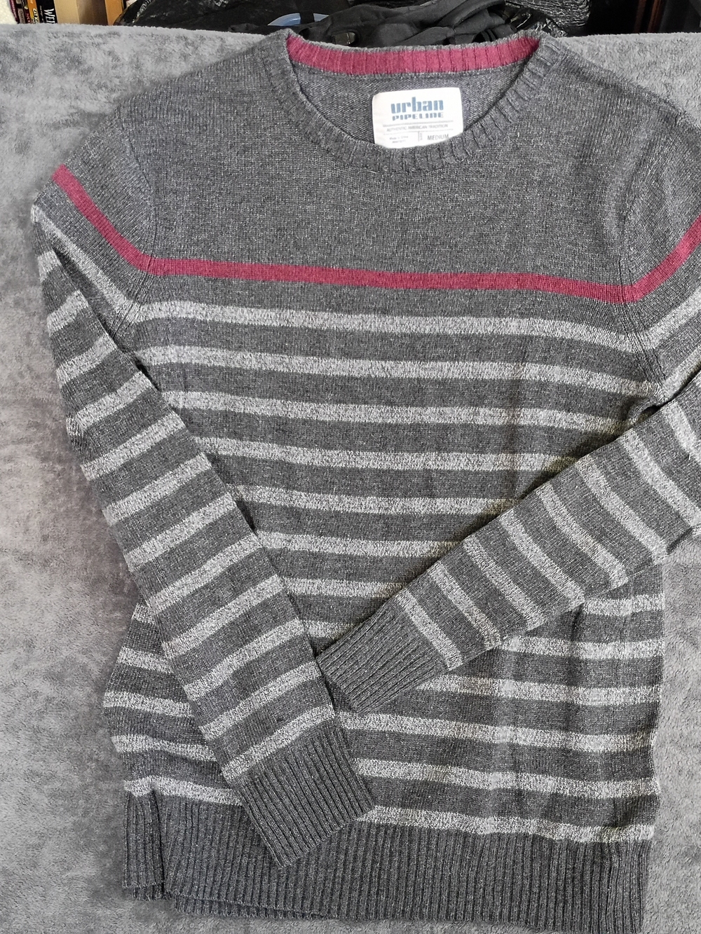 urban pipeline Gray Crewneck Sweater with Red Accent Stripe